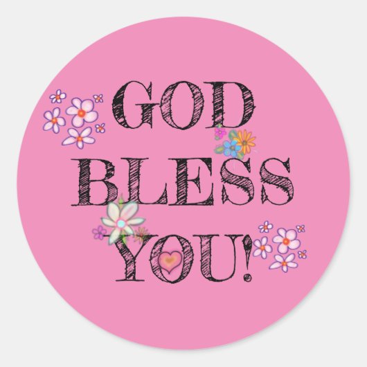 ピンクの花柄の「God Bless You」 ラウンドシール (正面)