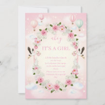 ピンクの花柄の"It's a Girl"ベビーシャワー招待状