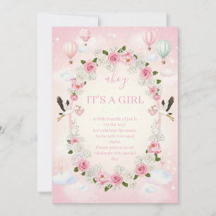 ピンクの花柄の"It's a Girl"ベビーシャワー招待状 招待状