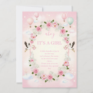 ピンクの花柄の"It's a Girl"ベビーシャワー招待状 招待状