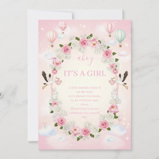 ピンクの花柄の"It's a Girl"ベビーシャワー招待状 招待状 (正面)