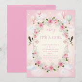 ピンクの花柄の"It's a Girl"ベビーシャワー招待状 招待状 (正面/裏面)