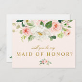 ピンクの花柄はです私のメイド・オブ・オーナー（花嫁付き添い人）カード決定します インビテーションポストカード (正面/裏面)
