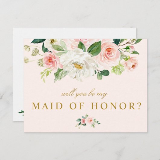 ピンクの花柄はです私のメイド・オブ・オーナー（花嫁付き添い人）カード決定します インビテーションポストカード (正面/裏面)