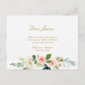 ピンクの花柄はです私のメイド・オブ・オーナー（花嫁付き添い人）カード決定します インビテーションポストカード (裏面)