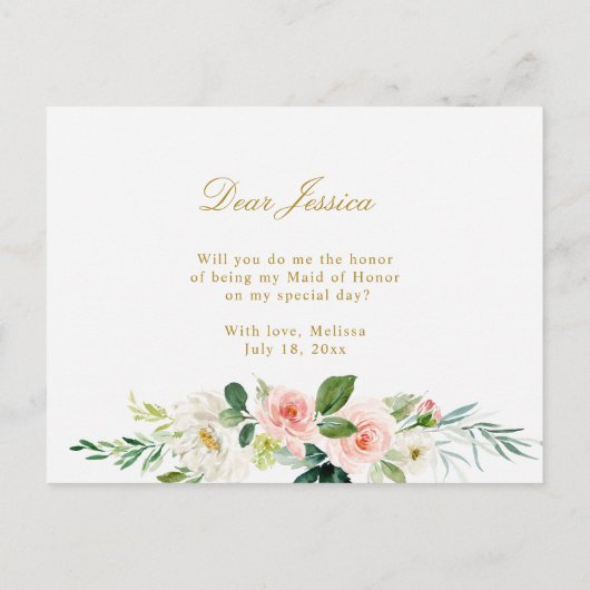 ピンクの花柄はです私のメイド・オブ・オーナー（花嫁付き添い人）カード決定します インビテーションポストカード (裏面)