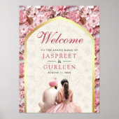 ピンクの花柄アナンド・カラージ シク教の結婚式 ウェルカムサイン ポスター (正面)