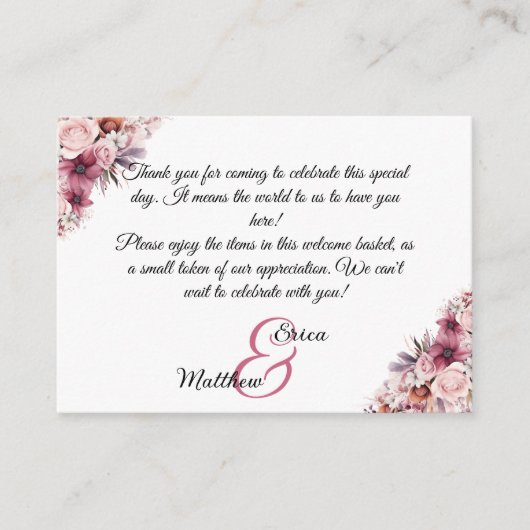 ピンクの花柄ウェルカムギフトバッグバスケットプレースカード エンクロージャーカード (正面)