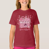ピンクの花柄カメラのフォトアイテム服 Tシャツ (正面)
