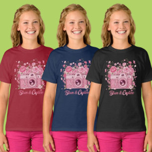 ピンクの花柄カメラのフォトアイテム服 Tシャツ