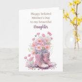 ピンクの花柄カントリー・ブーツ 遅れた母の日のカード カード (黄色い花)