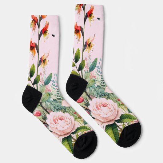ピンクの花柄クルーソックス ソックス (右)