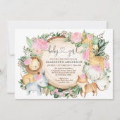 ピンクの花柄サファリジャングルワイルドベイビーシャワー 招待状 (正面)