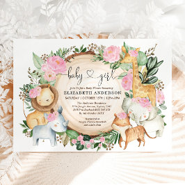 ピンクの花柄サファリジャングルワイルドベイビーシャワー 招待状