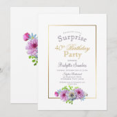 ピンクの花柄サプライズ 40歳の誕生日パーティー 招待状 (正面/裏面)