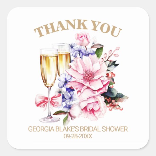 ピンクの花柄シャンパン ブライダルシャワー お礼 スクエアシール (正面)