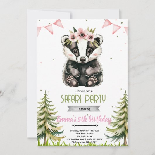 ピンクの花柄スカンクの誕生日パーティー招待状 招待状 (正面)