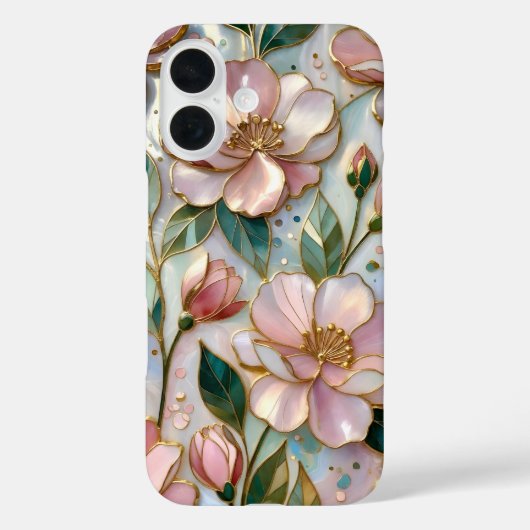 ピンクの花柄ステンドグラス風iPhoneケース パステルゴールド Case-Mate iPhoneケース (裏面)