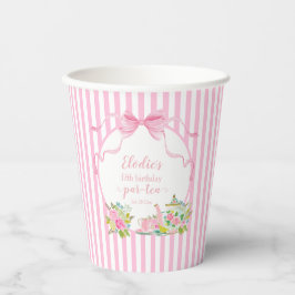 ピンクの花柄ストライプのLet's Par-tea バースデー 紙コップ