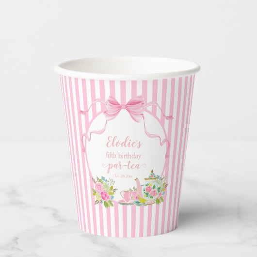 ピンクの花柄ストライプのLet's Par-tea バースデー 紙コップ (正面)