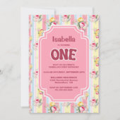 ピンクの花柄ストライプ 1歳誕生日パーティー 招待状 (正面)
