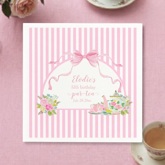 ピンクの花柄ストライプ Let's Par-tea 誕生日 スタンダードカクテルナプキン