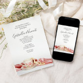 ピンクの花柄ティーカップとパールの結婚後ランチ 招待状