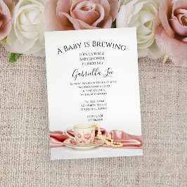 ピンクの花柄ティーカップの赤ちゃん歓迎シャワー 招待状