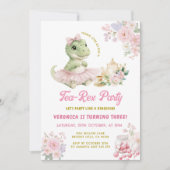 ピンクの花柄ティー・レックス恐竜3歳の誕生日 招待状 (正面)