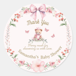 ピンクの花柄テディベア　ありがとうステッカー ラウンドシール