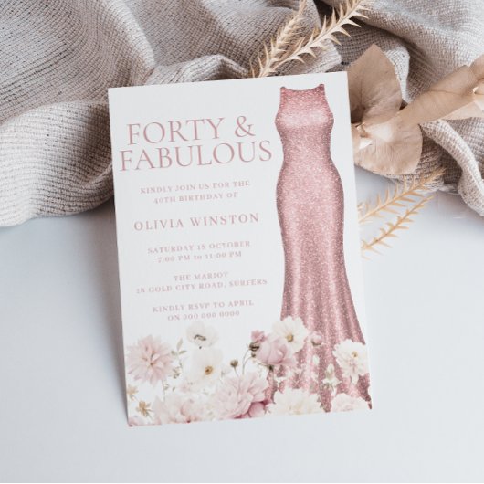 ピンクの花柄ドレスの40歳の誕生日パーティー 招待状
