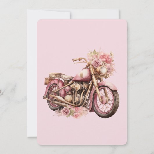 ピンクの花柄バイクの誕生日 招待状 (裏面)