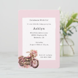 ピンクの花柄バイクの誕生日 招待状