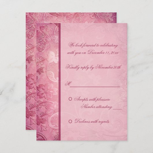 ピンクの花柄パイслиー返信カード 招待状 (正面/裏面)