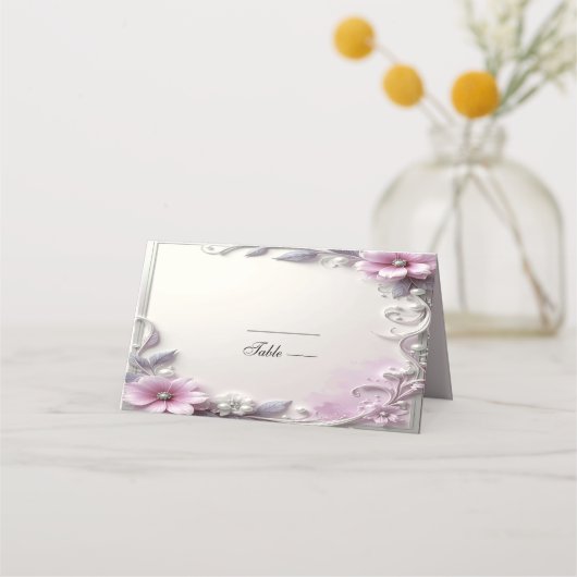 ピンクの花柄フレームの席札 プレイスカード (正面)