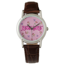 ピンクの花柄プリントと「Jesus Saves」の引用文 腕時計