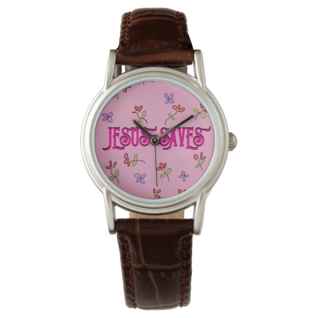 ピンクの花柄プリントと「Jesus Saves」の引用文 腕時計 (正面)