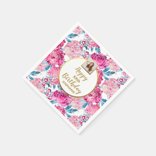 ピンクの花柄プリント, 写真, どんな年齢でも, オーダーメイドの誕生日 スタンダードカクテルナプキン (角)