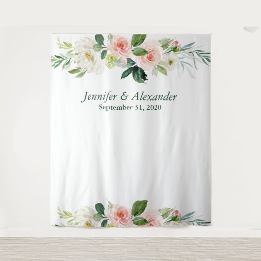 ピンクの花柄ボヘミアンスタイルのウェディング フォトブース バックドロップ タペストリー (正面)