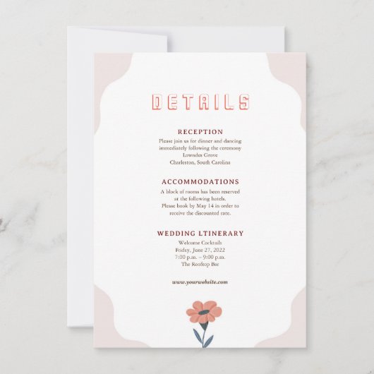 ピンクの花柄レトロ結婚式の封入カード 招待状 (正面)