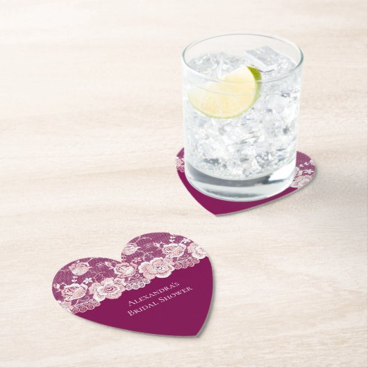 ピンクの花柄レースのウェディングシャワー ペーパーコースター (インサイチュ)