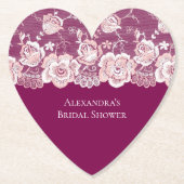 ピンクの花柄レースのウェディングシャワー ペーパーコースター (正面)