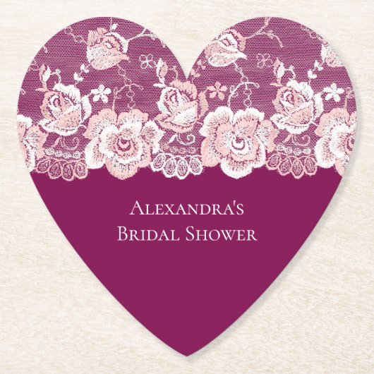 ピンクの花柄レースのウェディングシャワー ペーパーコースター (正面)