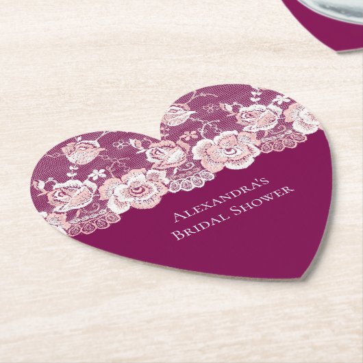 ピンクの花柄レースのブライズシャワー ペーパーコースター (アングル)