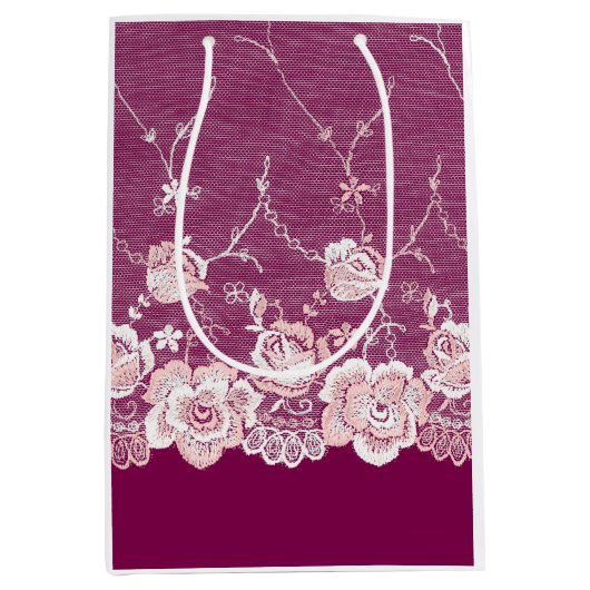 ピンクの花柄レース ミディアムペーパーバッグ (正面)