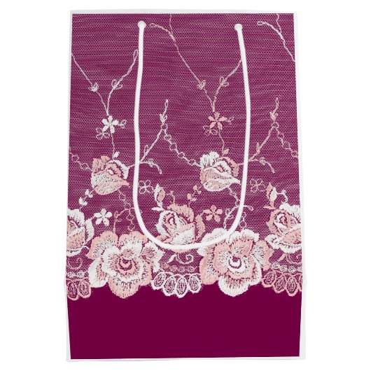 ピンクの花柄レース ミディアムペーパーバッグ (裏面)