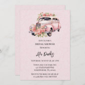 ピンクの花柄ヴィンテージカー ブライダルシャワー 招待状 (正面/裏面)