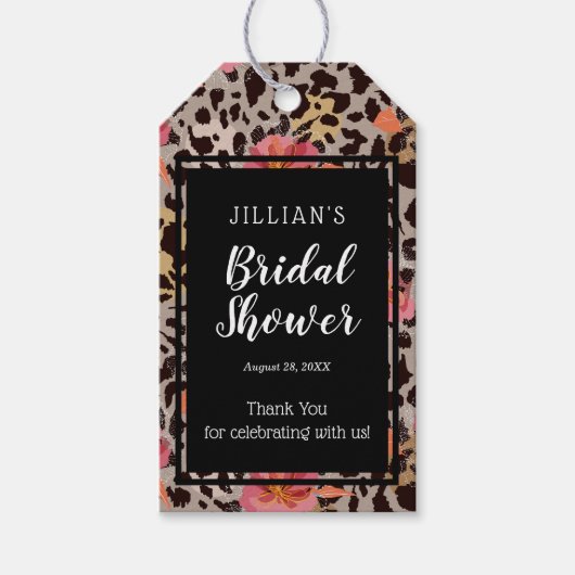 ピンクの花柄動物プリント ブライダルシャワーのお礼 ギフトタグ (正面)