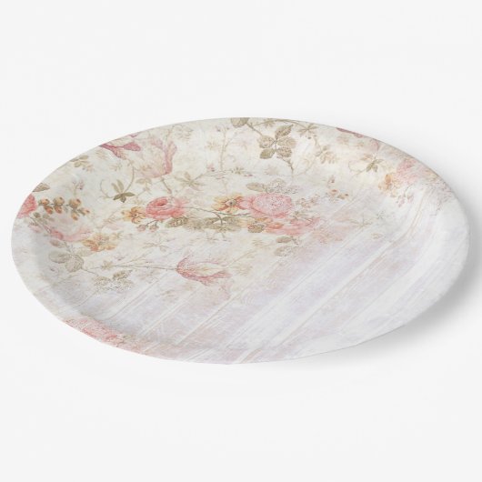 ピンクの花柄及び木製のぼろぼろのシックな紙皿 ペーパープレート (アングル)