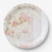 ピンクの花柄及び木製のぼろぼろのシックな紙皿 ペーパープレート (正面)